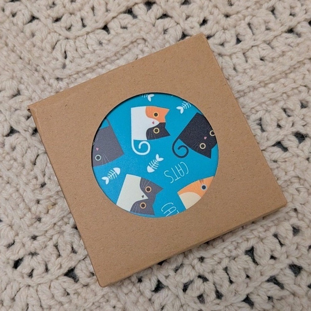 Cat Kitten Round Coaster Set of 4 Blue Purple Cream Multi Pattern New in Box